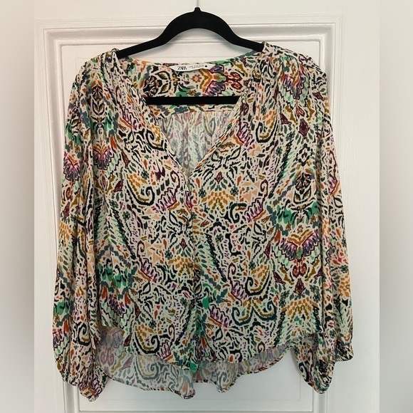 Zara Multicolored Pattern Metallic Gold Accents Button Down Blouse Top Medium - Picture 5 of 15